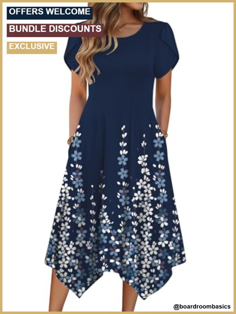Casual Floral Midi Sundress A-Line Pockets Petal Sleeve Summer Beach
